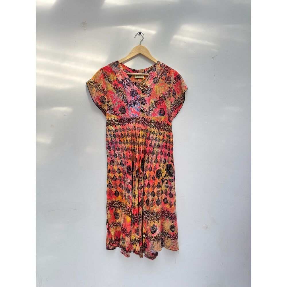 Vintage Lady Cactus Batik Print Dress Empire Waist Indonesia Boho 70s Style Sz L
